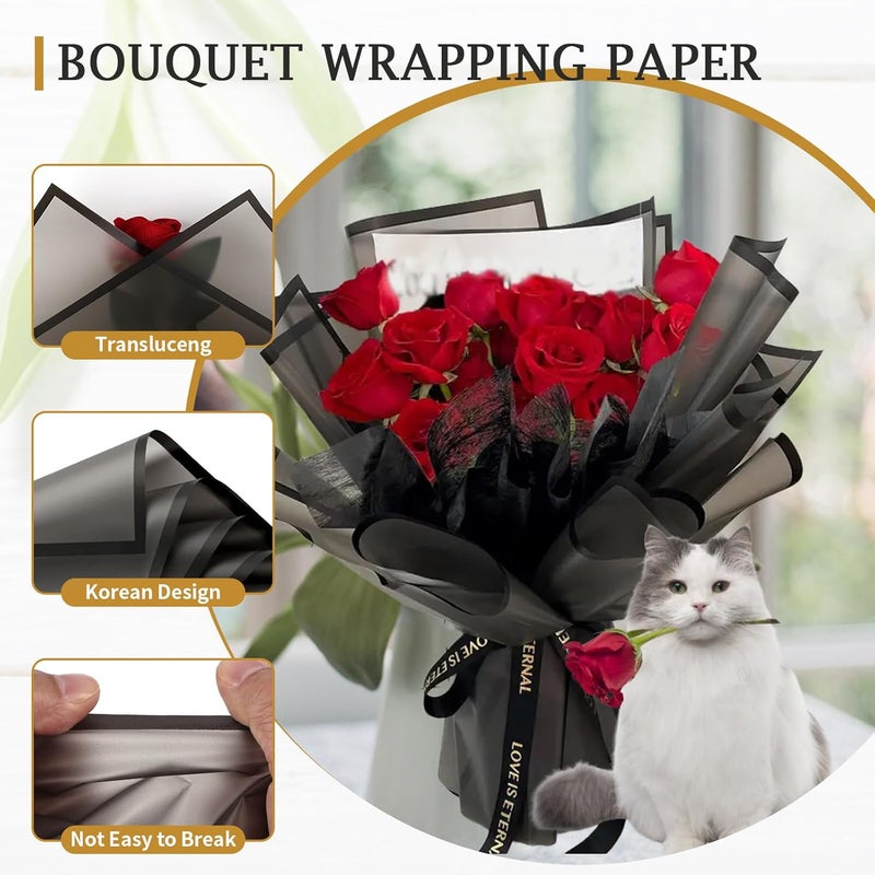 Coidea 20 Sheets Flower Wrapping Paper - Waterproof Floral Bouquet Wrapping Paper Black Korean Florist Supplies Packaging Paper for DIY Crafts Wedding Birthday Gift - Image 4